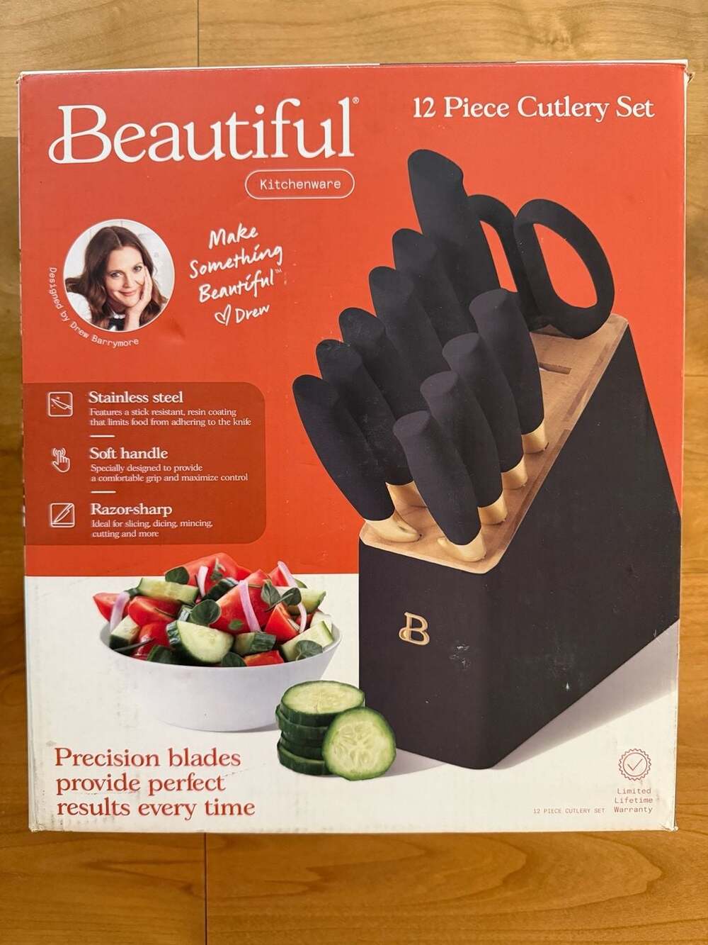 Beautiful by Drew Barrymore 12Piece Cutlery Set w Wood Block, Blk Soft Grip NIB